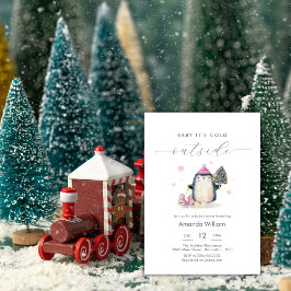 Pink Winter Woodland Penguin Baby Shower 招待状