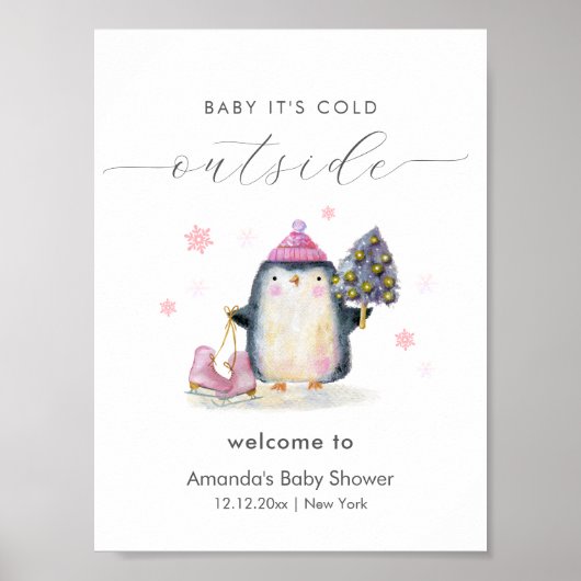 Pink Winter Woodland Penguin Baby Shower Welcome ポスター (正面)