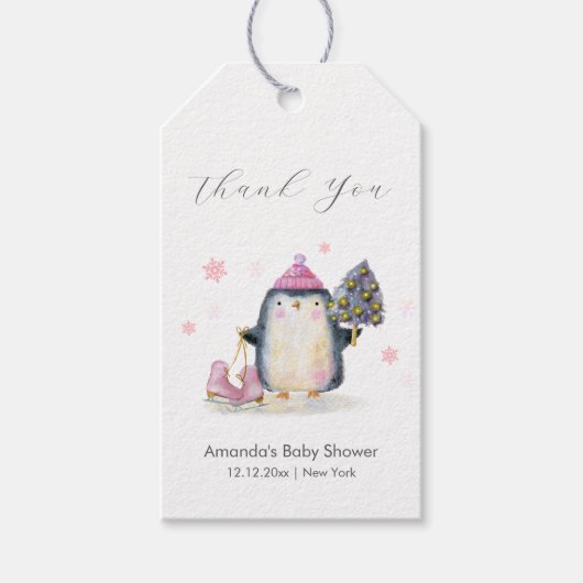 Pink Winter Woodland Skate Penguin Baby Shower  ギフトタグ (正面)