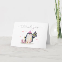 Pink Winter Woodland Skate Penguin Baby Shower  サンキューカード