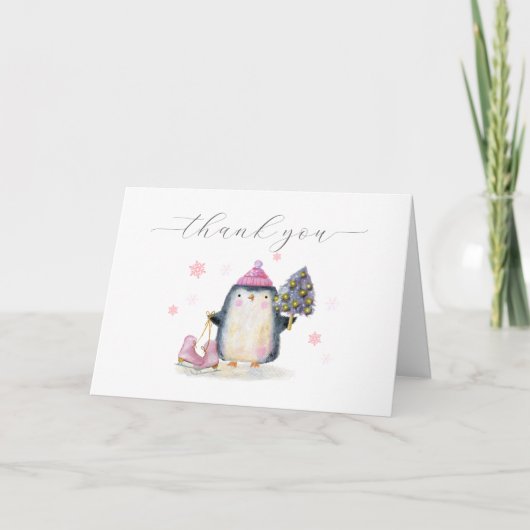 Pink Winter Woodland Skate Penguin Baby Shower  サンキューカード (正面)