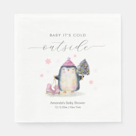 Pink Winter Woodland Skate Penguin Baby Shower  スタンダードランチョンナプキン
