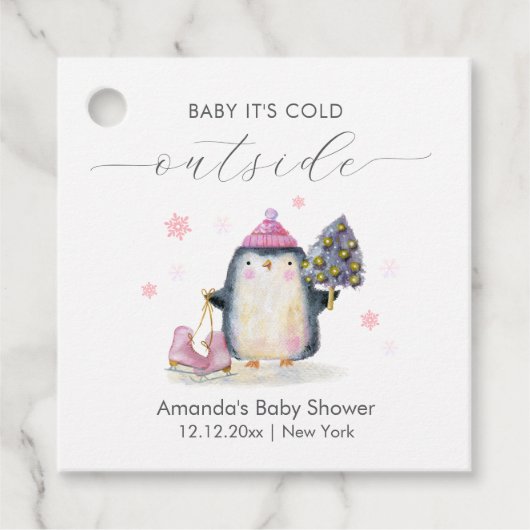 Pink Winter Woodland Skate Penguin Baby Shower  フェイバータグ (正面)