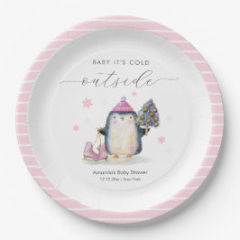 Pink Winter Woodland Skate Penguin Baby Shower  ペーパープレート