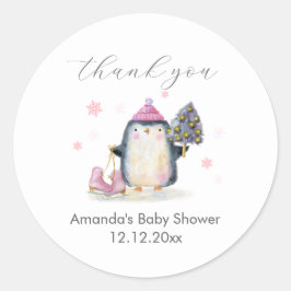 Pink Winter Woodland Skate Penguin Baby Shower  ラウンドシール