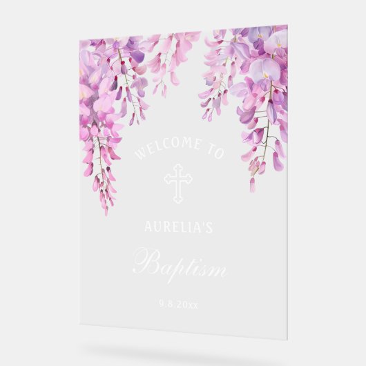 Pink Wisteria Baptism Welcome アクリルサイン (傾斜)