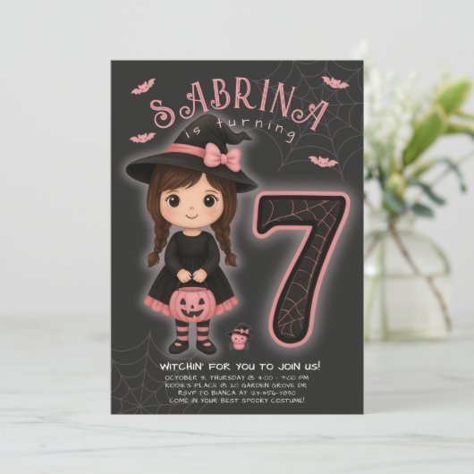 Pink Witch Halloween Birthday Invitation 招待状 (スタンド正面)