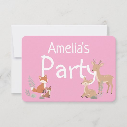 Pink Woodland Animal Birthday Party Invitation 案内状 (正面)