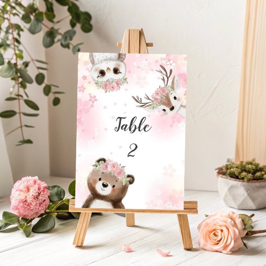 Pink Woodland Baby Shower Table Number Sign テーブルナンバー