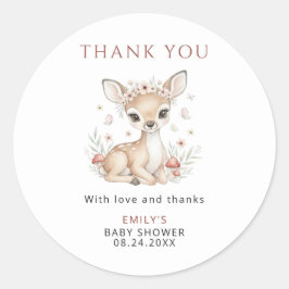 Pink Woodland Deer Girl Baby Shower Thank You ラウンドシール
