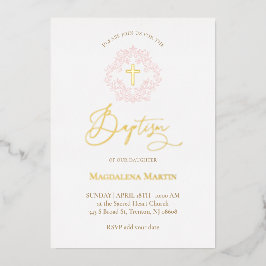 pink wreath Baptism  箔招待状