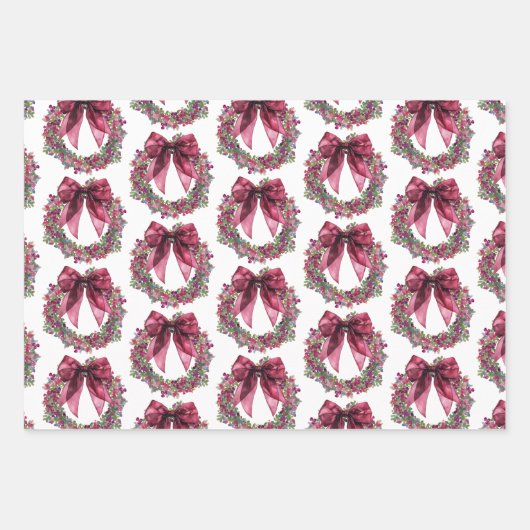 Pink Wreath Christmas Wrapping Paper Set of 3 ラッピングペーパーシート (正面)