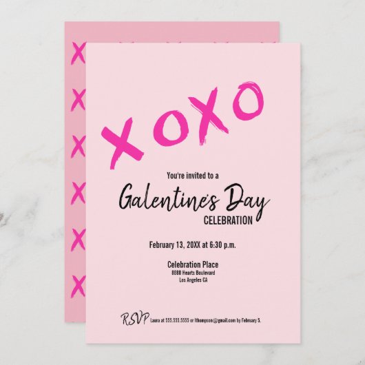 Pink XOXO Cute Galentine's Day Party 招待状 (正面/裏面)