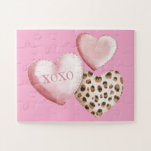 Pink XOXO Leopard Print Hearts ジグソーパズル (横)