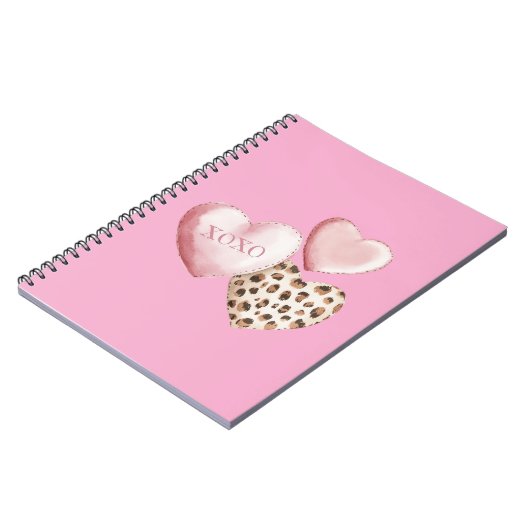 Pink XOXO Leopard Print Hearts ノートブック (左側)