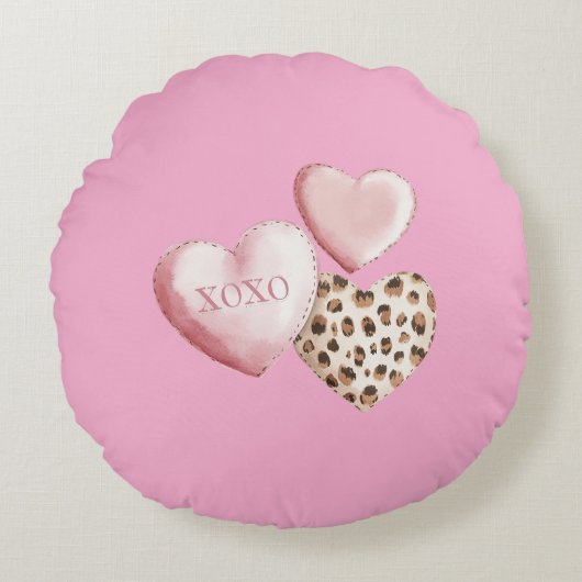 Pink XOXO Leopard Print Hearts ラウンドクッション (正面)
