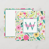 Pink Yellow and Teal Spring Floral Monogram ノートカード (正面/裏面)