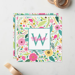 Pink Yellow and Teal Spring Floral Monogram ノートカード