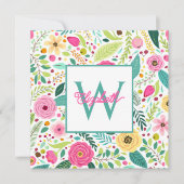 Pink Yellow and Teal Spring Floral Monogram ノートカード (正面)