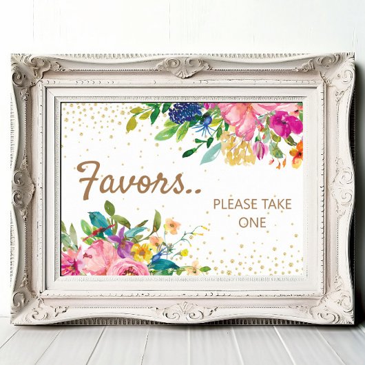 Pink Yellow Blue Floral Gold Baby Shower Favors ポスター