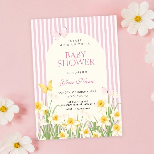 Pink yellow floral baby shower 招待状