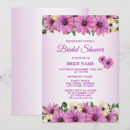 Pink Yellow Floral Rustic Bridal Shower Party 招待状 (正面/裏面)