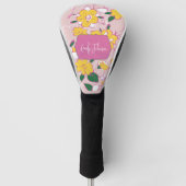 Pink Yellow Floral Whimsical Pattern Custom Name ゴルフヘッドカバー (正面)