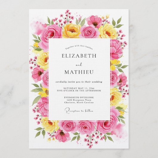 Pink Yellow Floral Whimsy Wedding 招待状 (正面)