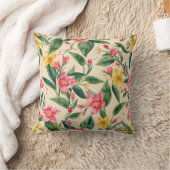 Pink Yellow Flowers, Florals, Blue Stripes クッション (ブランケット)