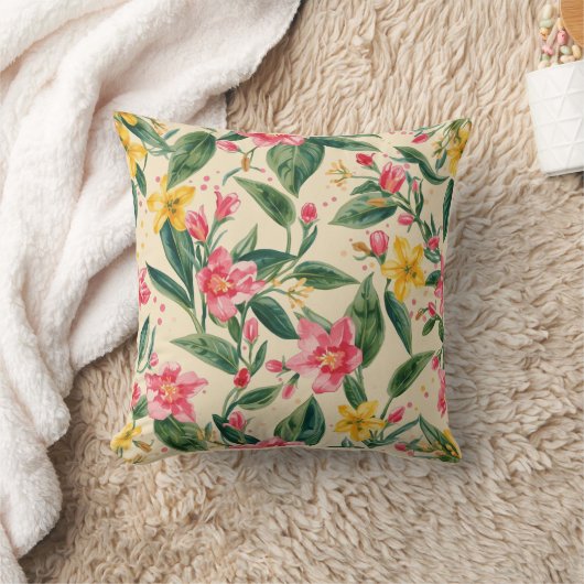 Pink Yellow Flowers, Florals, Blue Stripes クッション (ブランケット)