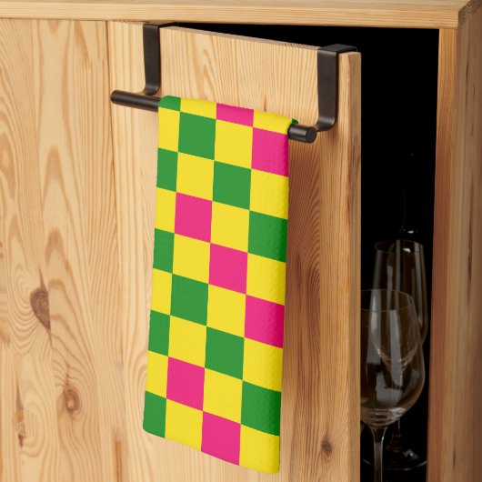 Pink Yellow Green Checkered Pattern Design  キッチンタオル (三つ折り)