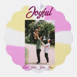 Pink yellow joyful holidays photo family retro boh オーナメントカード