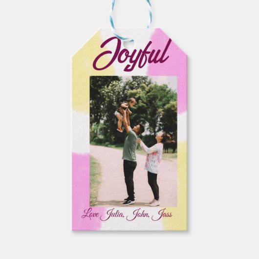Pink yellow joyful holidays photo family retro boh ギフトタグ (正面)