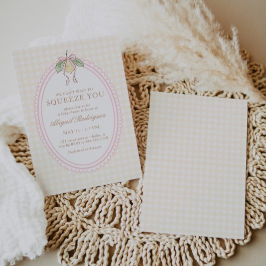 Pink & Yellow Lemon Bow Baby Shower 招待状
