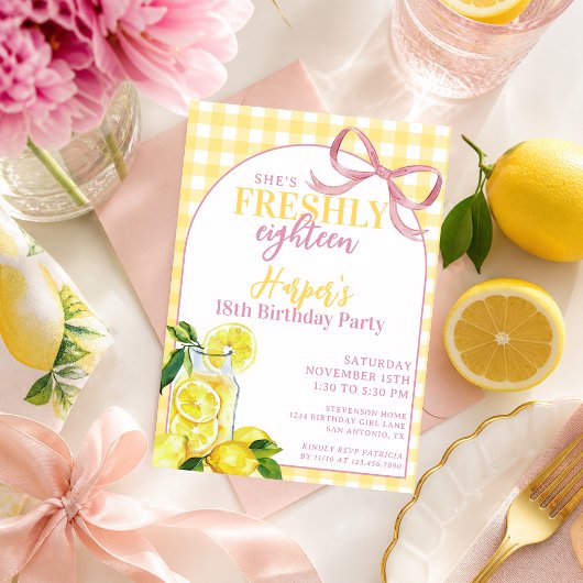 Pink Yellow Lemonade Cute Gingham Freshly Birthday 招待状