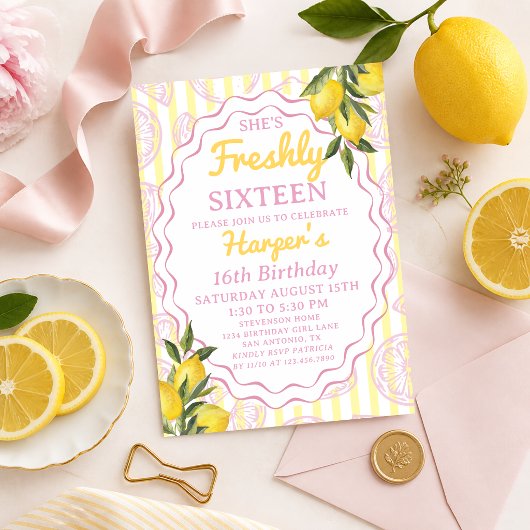 Pink Yellow Lemonade Lemon Freshly Birthday Theme 招待状