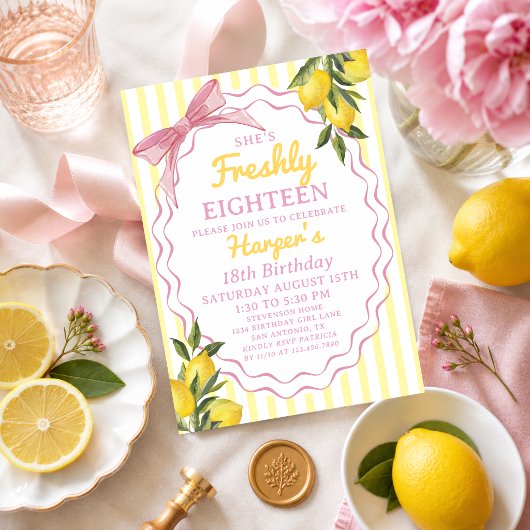 Pink Yellow Lemonade Lemon Themed Freshly Birthday 招待状