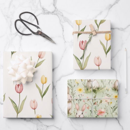Pink Yellow Tulip Flowers Easter ラッピングペーパーシート (正面)