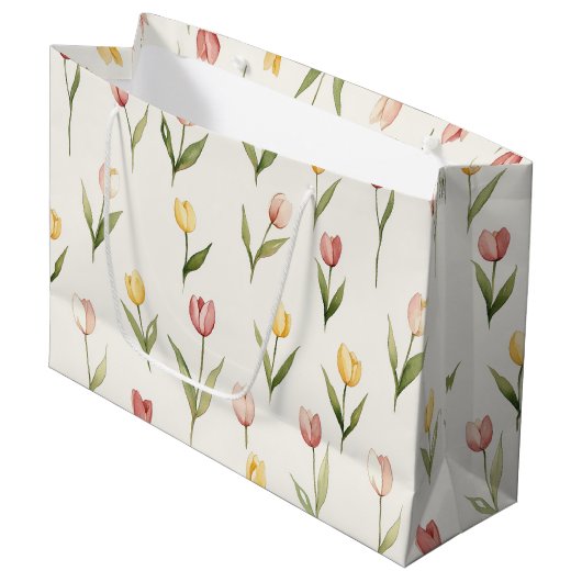 Pink Yellow Tulip Flowers Easter ラージペーパーバッグ (正面アングル)