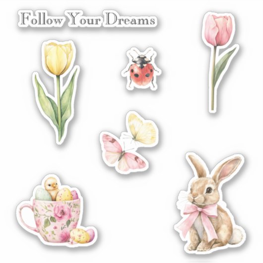 Pink Yellow Tulips Butterflies Bunny Chick Ladybug シール (正面)
