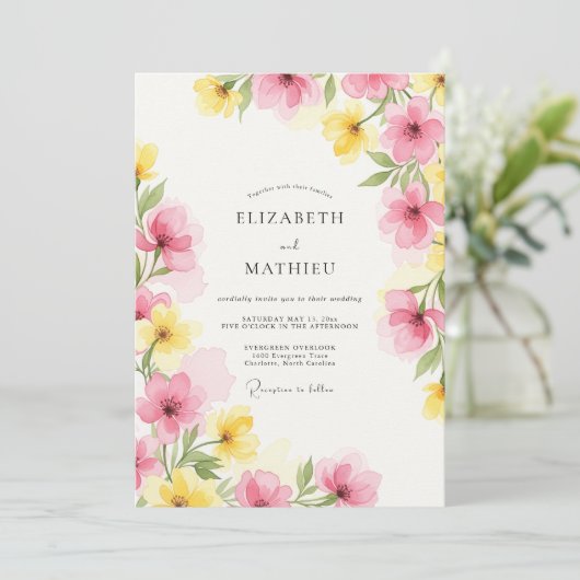 Pink Yellow Watercolor Spring Wedding 招待状 (スタンド正面)