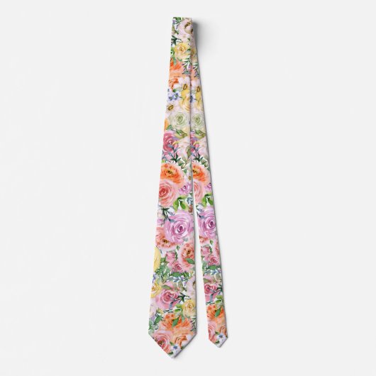 Pink Yellow White Orange Rose Flowers Pattern ネクタイ (正面)