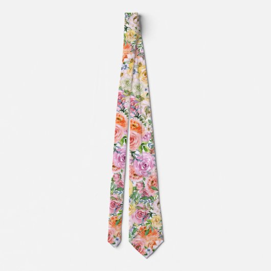 Pink Yellow White Orange Rose Flowers Pattern ネクタイ (裏面)