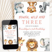 Pink Young Wild and Three Safari Birthday Party 招待状