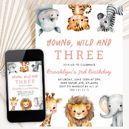 Pink Young Wild and Three Safari Birthday Party 招待状