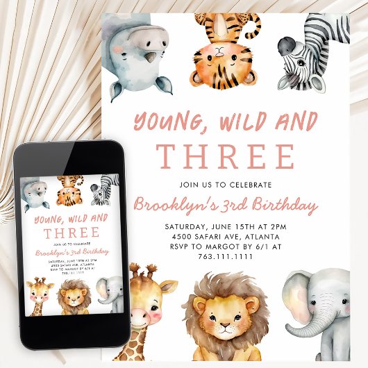 Pink Young Wild and Three Safari Birthday Party 招待状