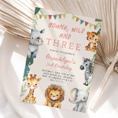 Pink Young Wild and Three Safari Birthday Party 招待状