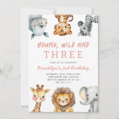 Pink Young Wild and Three Safari Birthday Party 招待状 (正面)