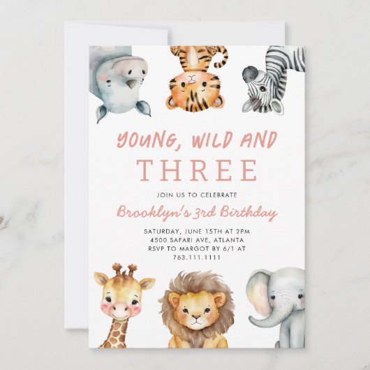 Pink Young Wild and Three Safari Birthday Party 招待状 (正面)