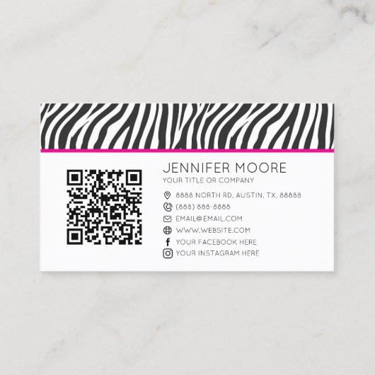 Pink Zebra Print Custom Company Logo QR Code 名刺 (裏面)